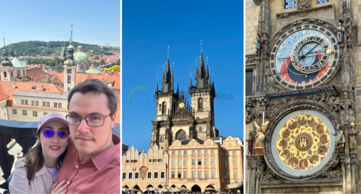 colaj foto din excursia prin praga cu ceasul astronomic si turnurile medievale din centrul vechi